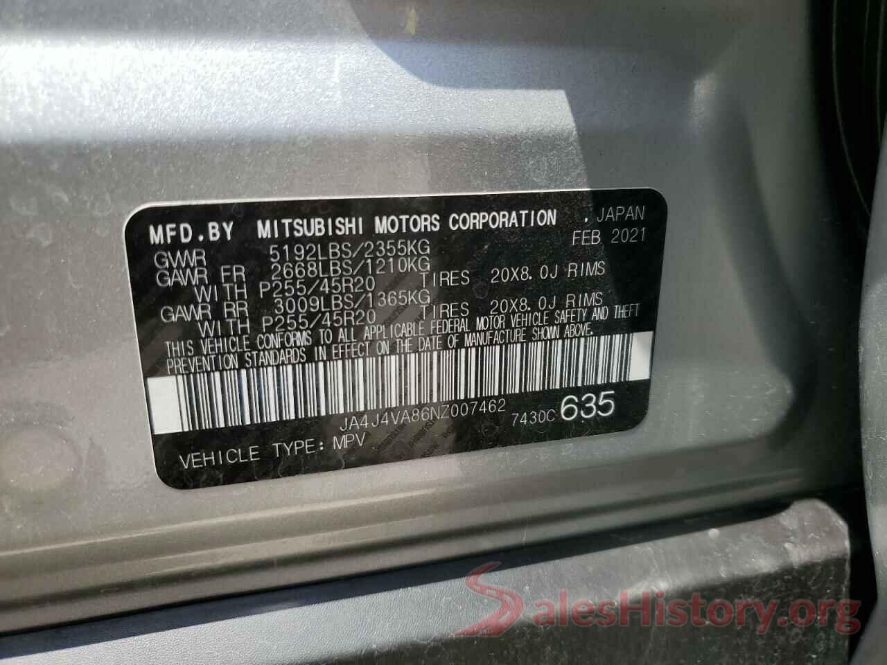 JA4J4VA86NZ007462 2022 MITSUBISHI OUTLANDER