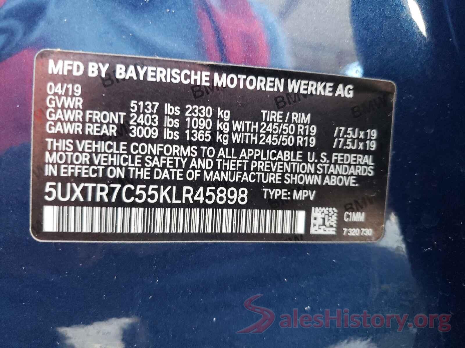 5UXTR7C55KLR45898 2019 BMW X3