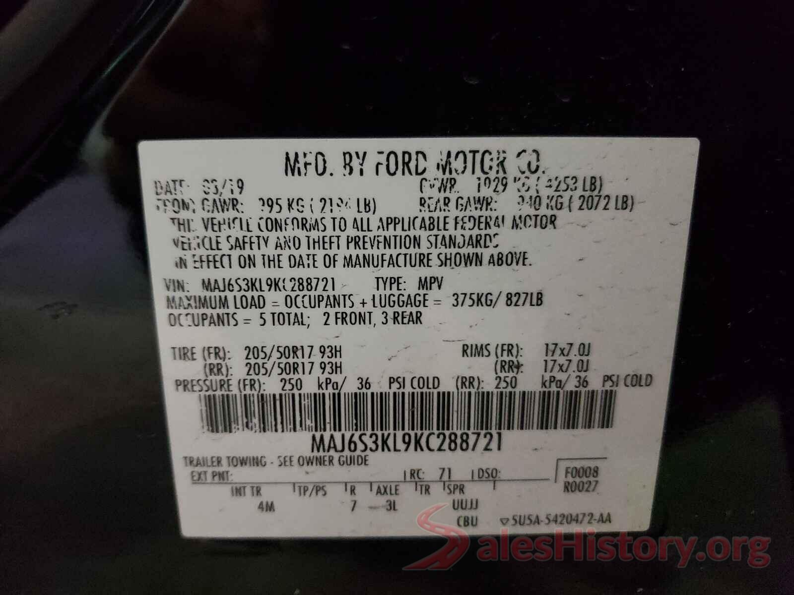 MAJ6S3KL9KC288721 2019 FORD ALL OTHER