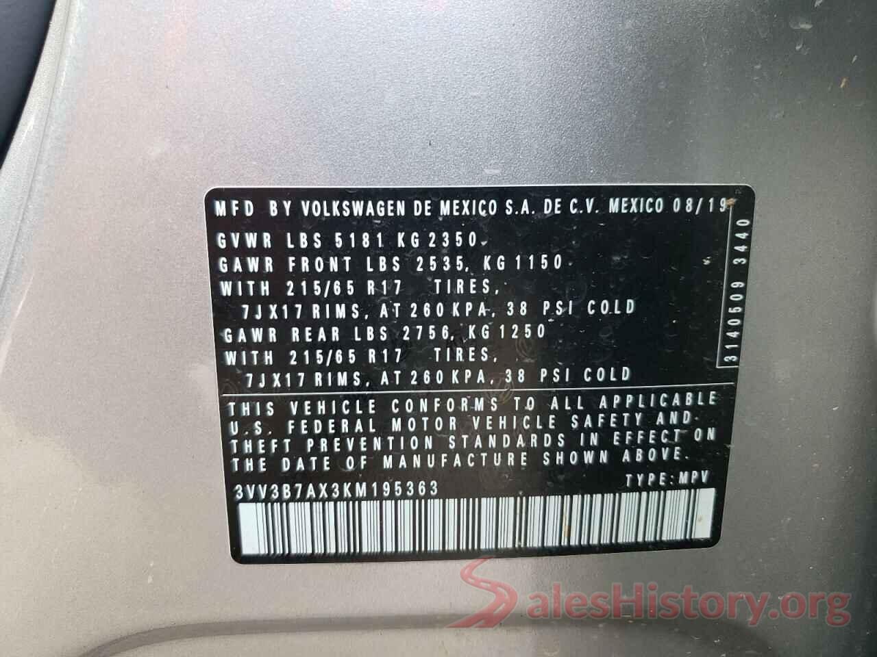 3VV3B7AX3KM195363 2019 VOLKSWAGEN TIGUAN