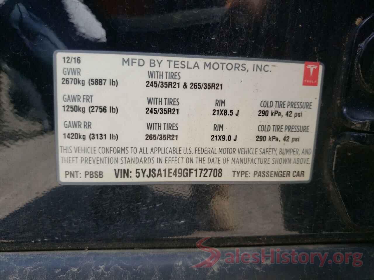 5YJSA1E49GF172708 2016 TESLA MODEL S