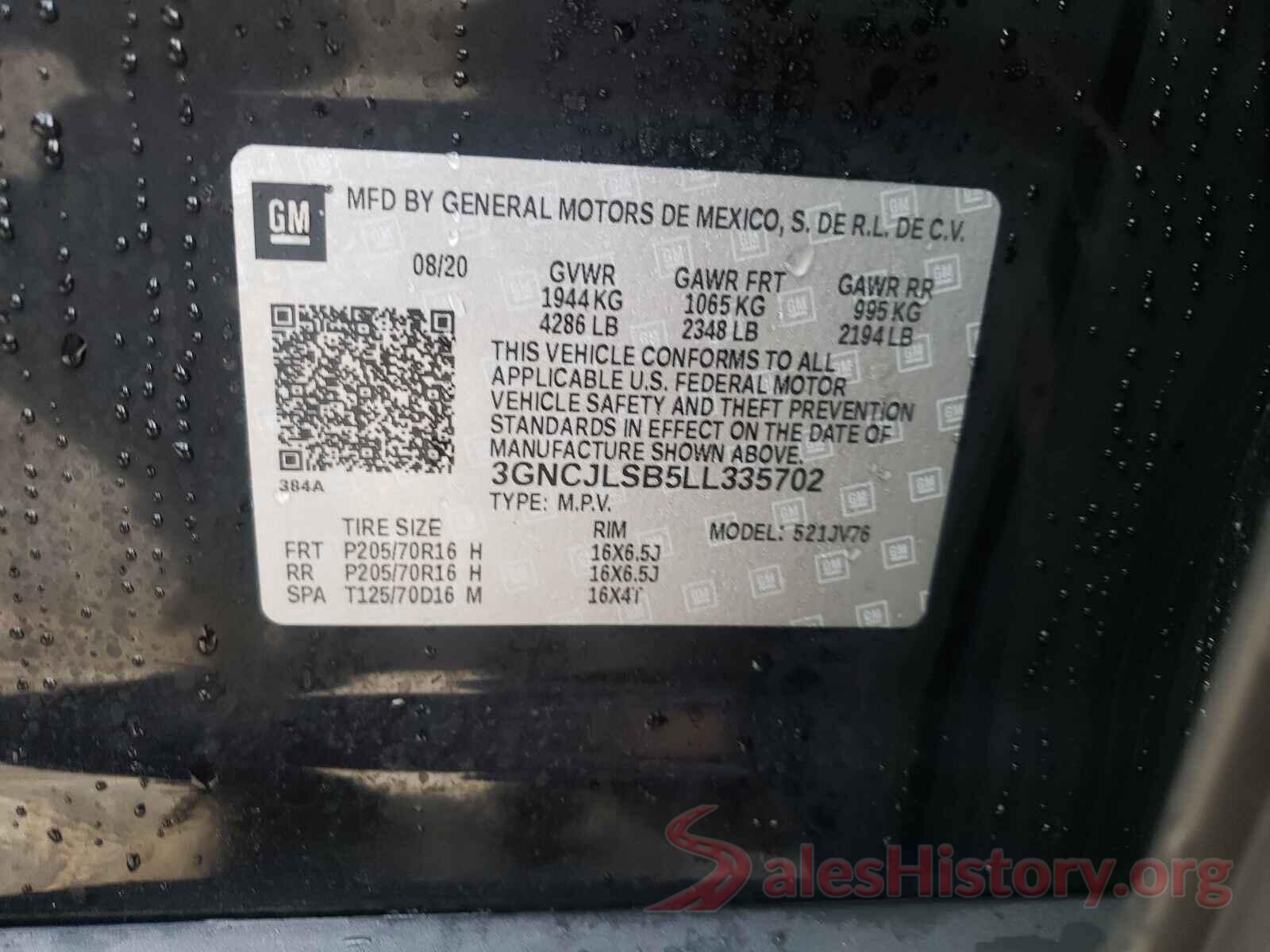 3GNCJLSB5LL335702 2020 CHEVROLET TRAX