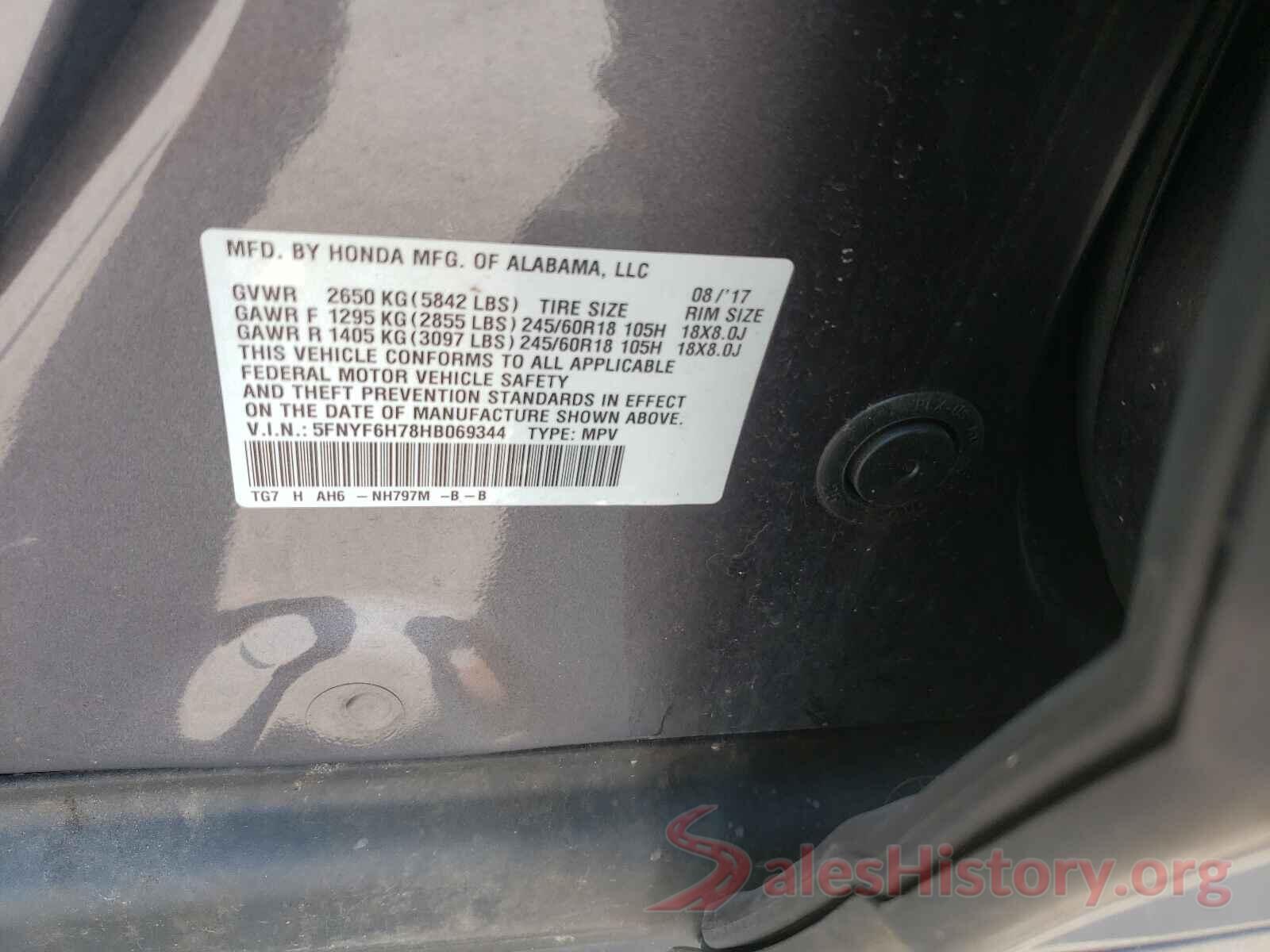 5FNYF6H78HB069344 2017 HONDA PILOT