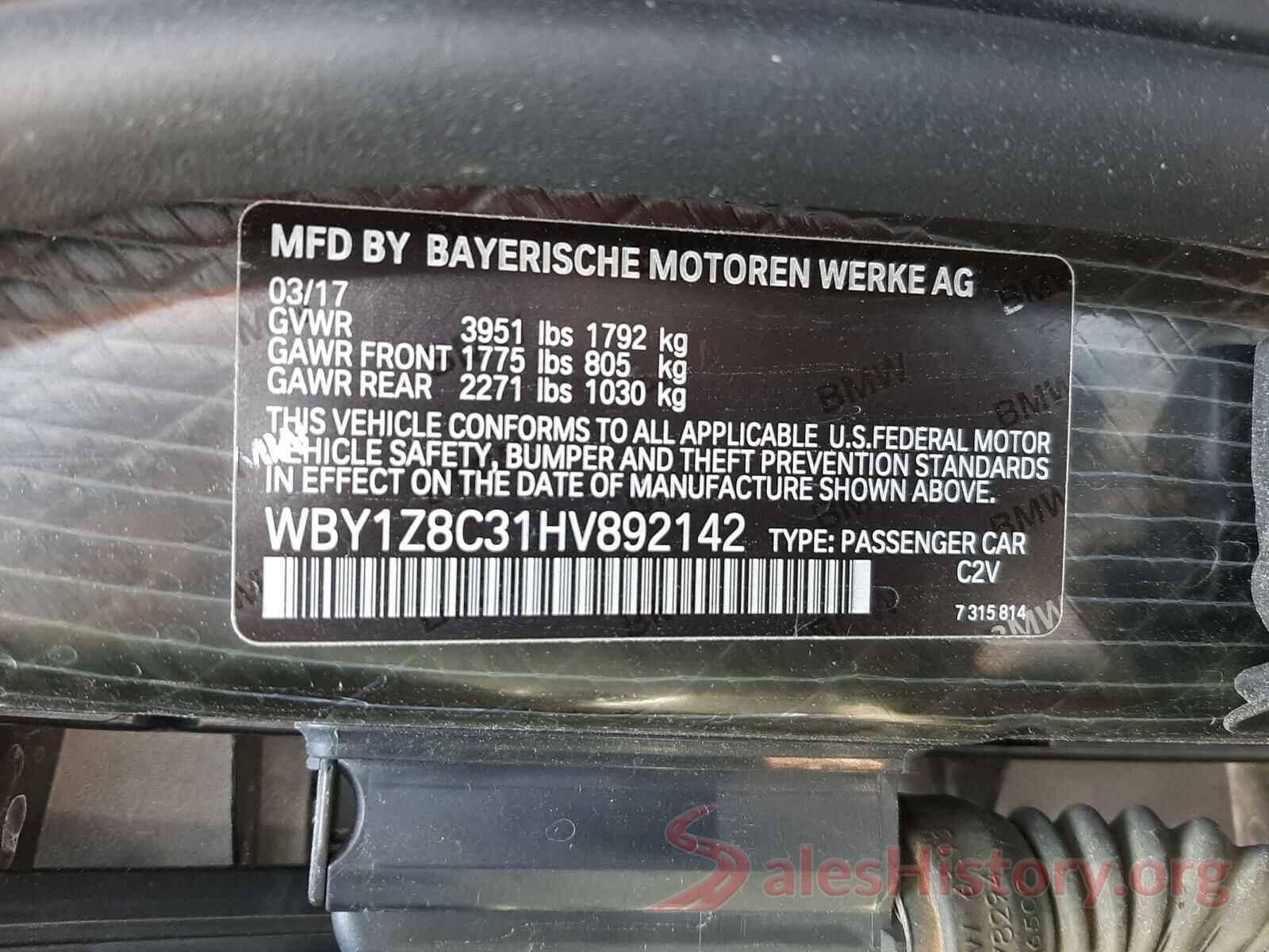 WBY1Z8C31HV892142 2017 BMW I SERIES