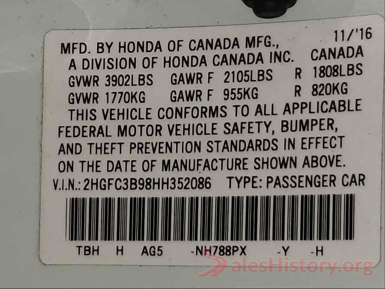 2HGFC3B98HH352086 2017 HONDA CIVIC