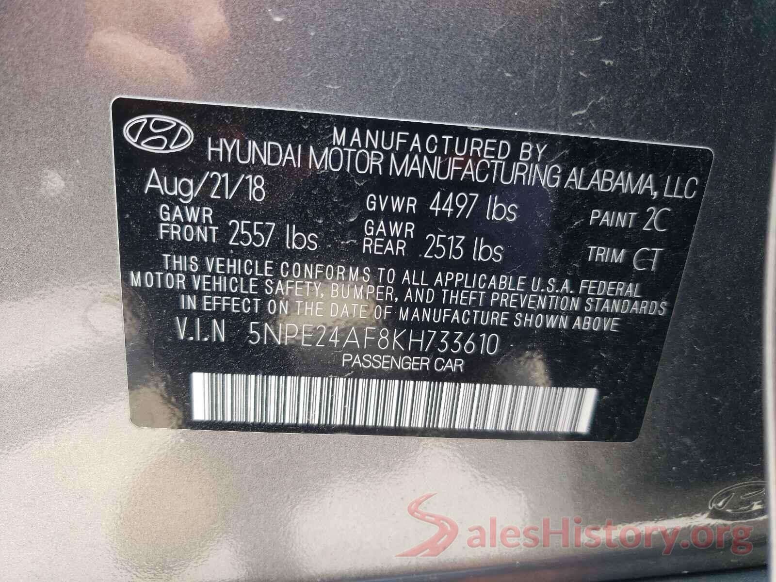 5NPE24AF8KH733610 2019 HYUNDAI SONATA