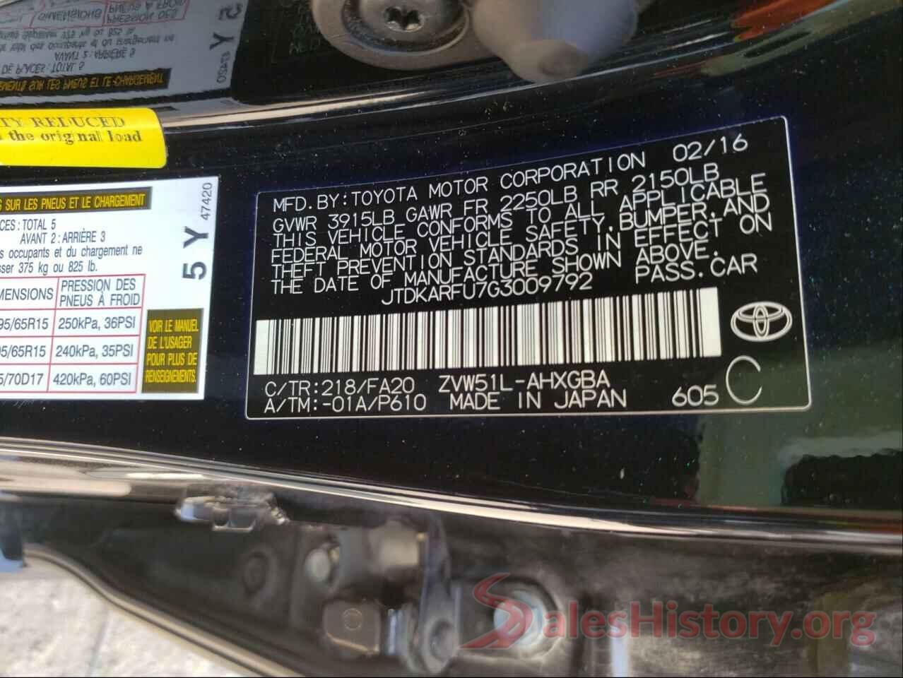 JTDKARFU7G3009792 2016 TOYOTA PRIUS