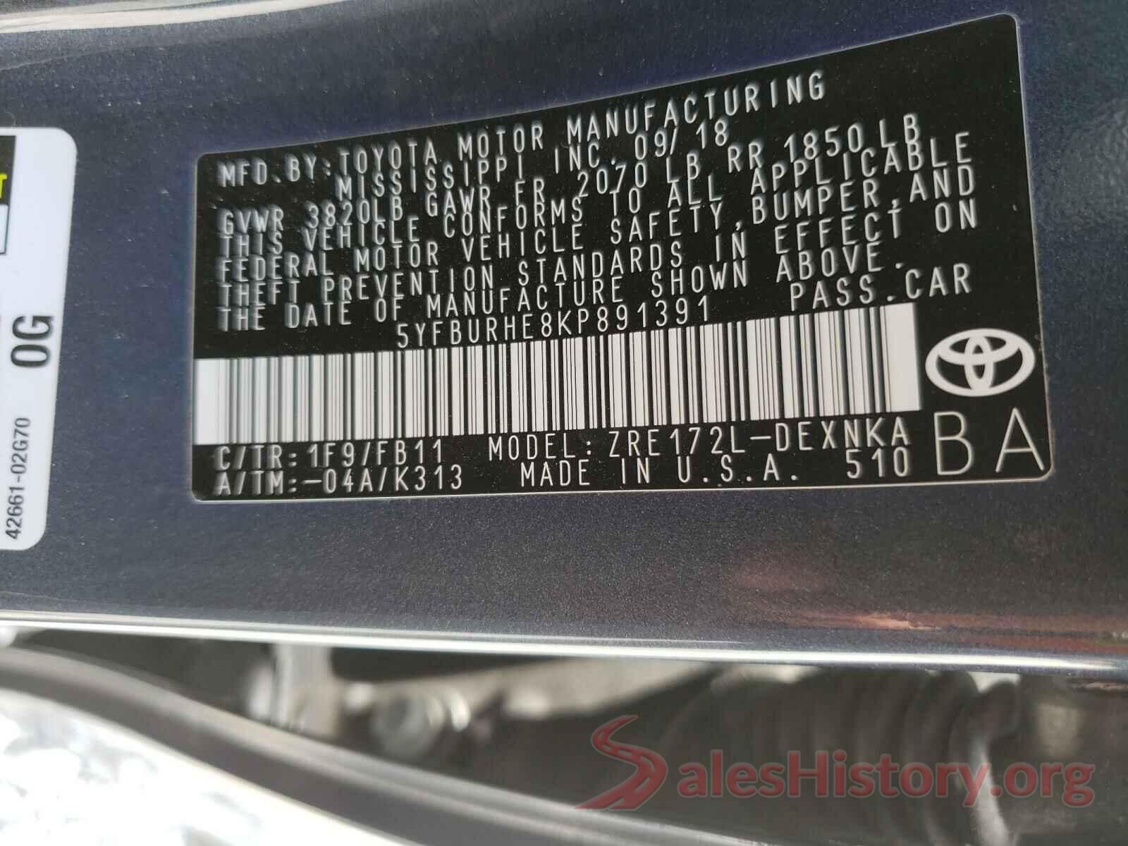 5YFBURHE8KP891391 2019 TOYOTA COROLLA