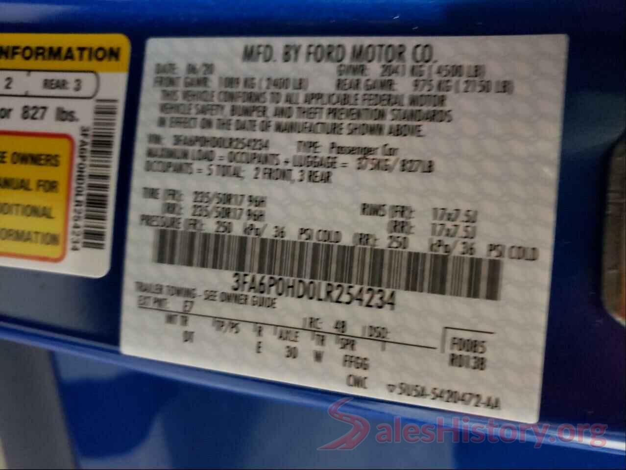 3FA6P0HD0LR254234 2020 FORD FUSION