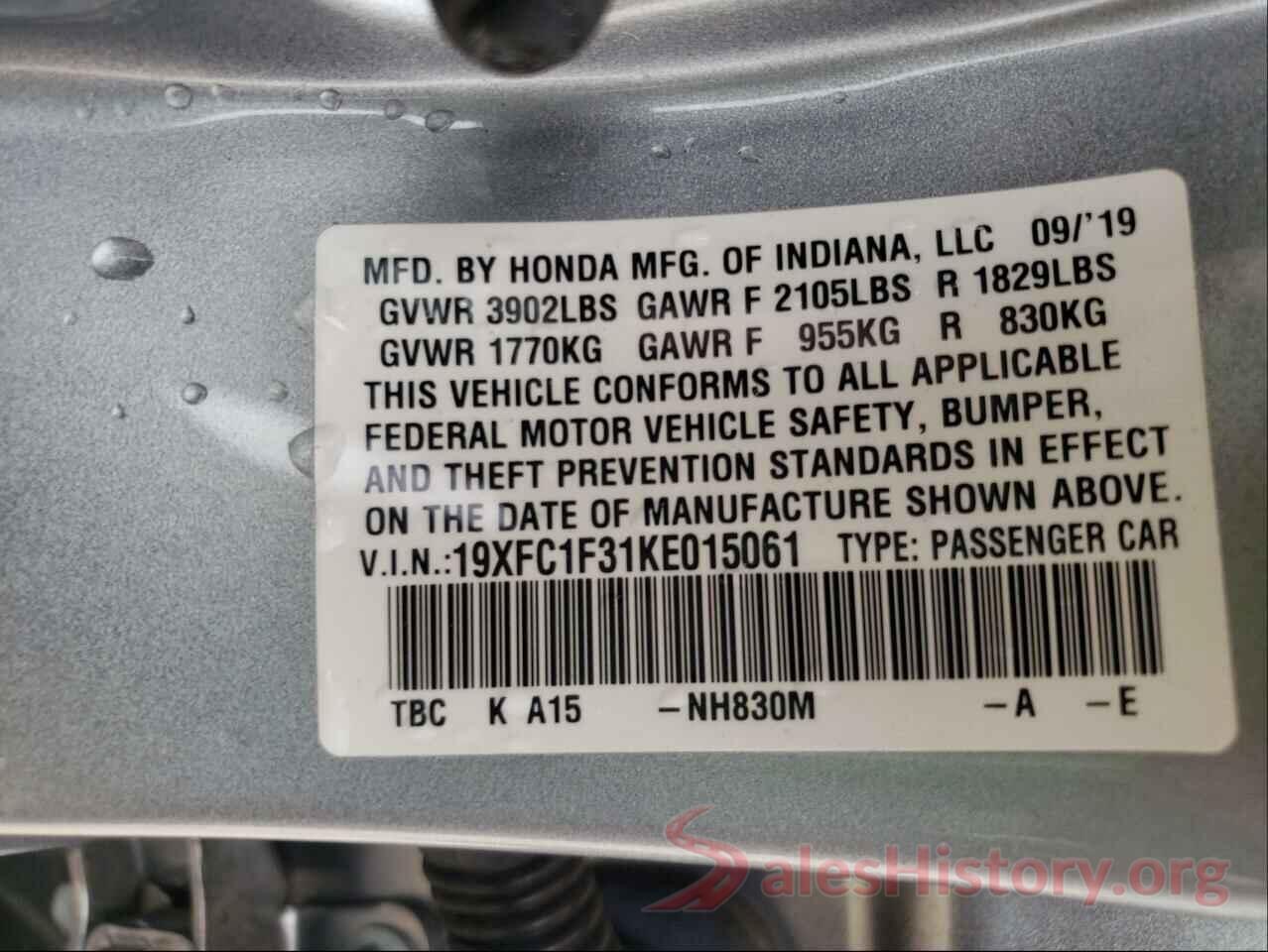 19XFC1F31KE015061 2019 HONDA CIVIC