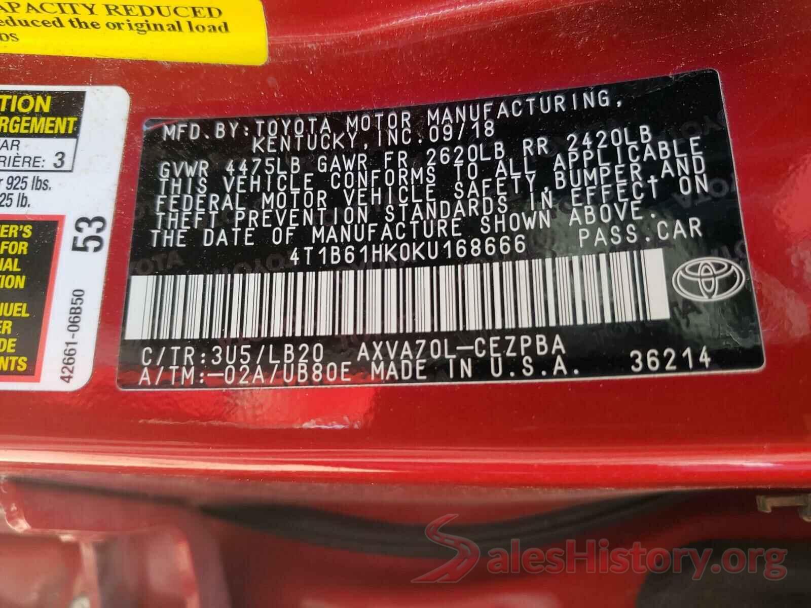 4T1B61HK0KU168666 2019 TOYOTA CAMRY