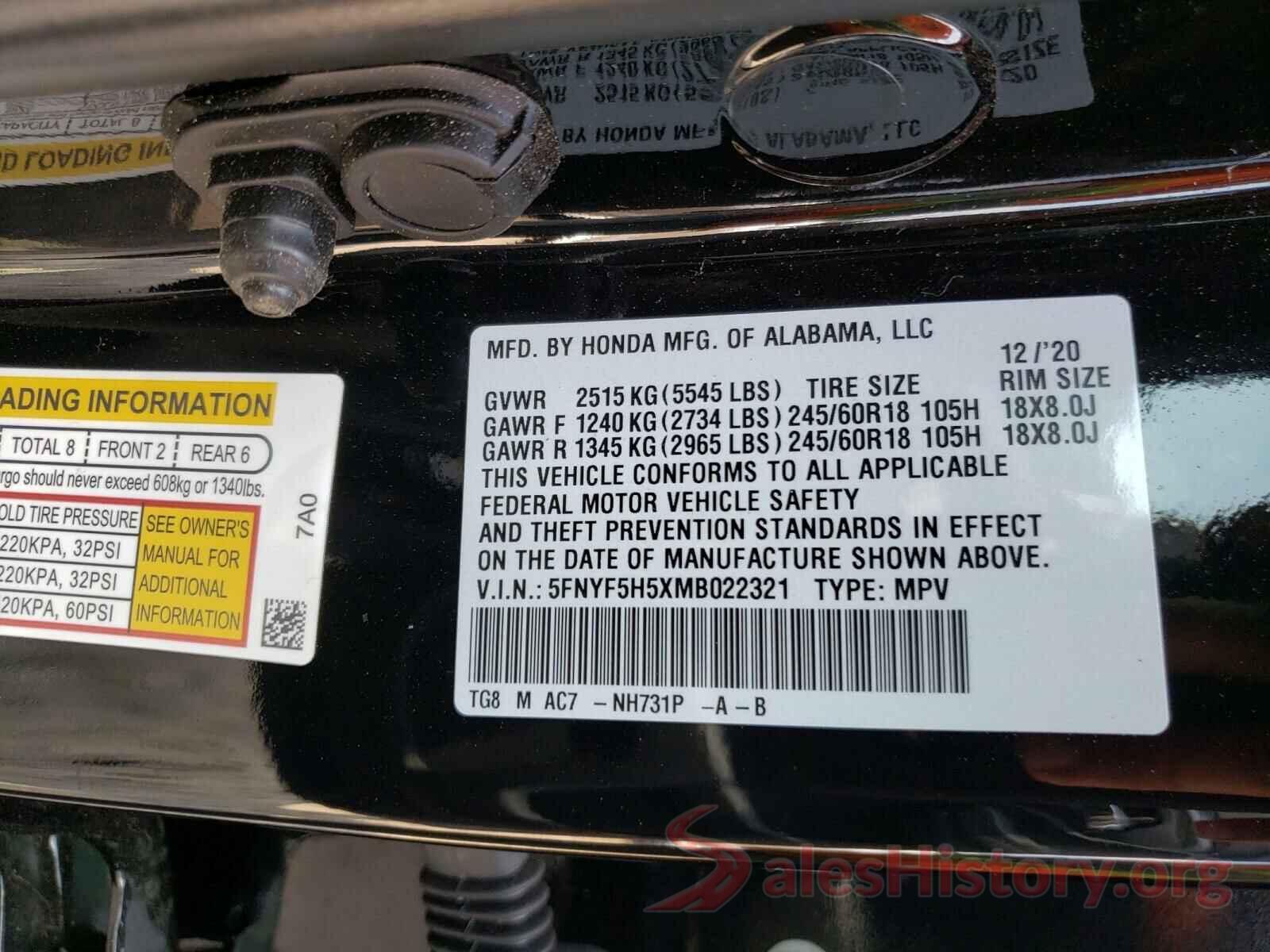 5FNYF5H5XMB022321 2021 HONDA PILOT