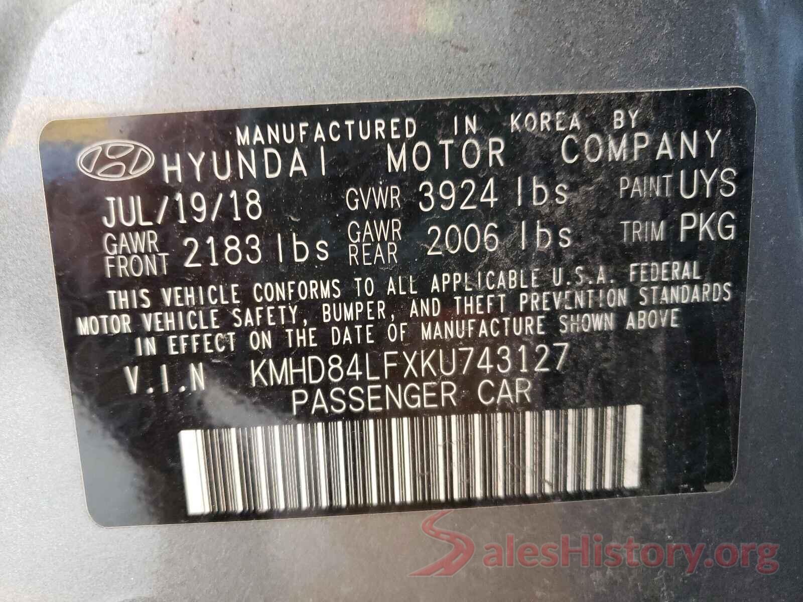 KMHD84LFXKU743127 2019 HYUNDAI ELANTRA