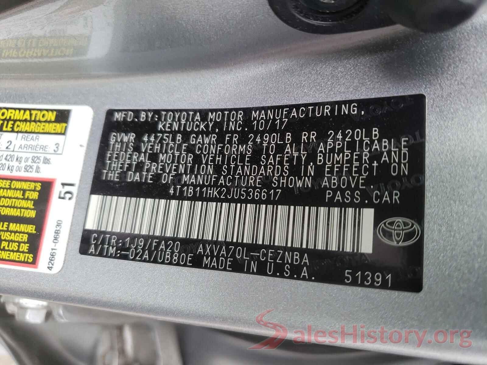 4T1B11HK2JU536617 2018 TOYOTA CAMRY