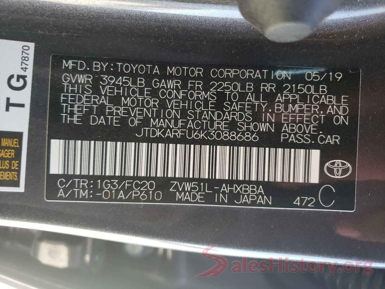 JTDKARFU6K3088686 2019 TOYOTA PRIUS