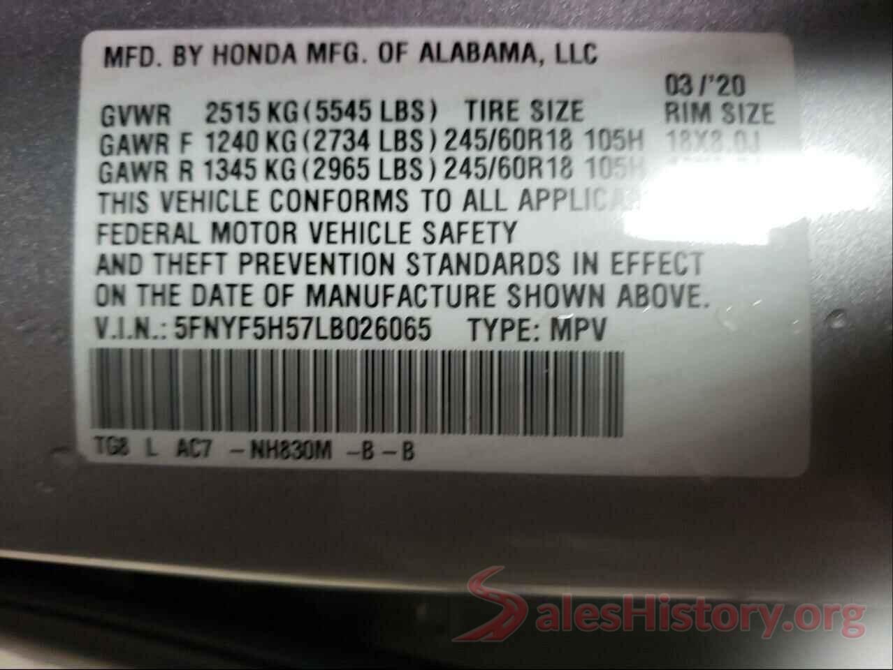 5FNYF5H57LB026065 2020 HONDA PILOT