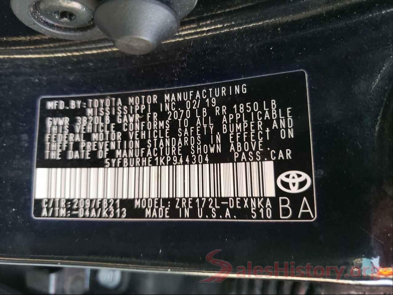 5YFBURHE1KP944304 2019 TOYOTA COROLLA