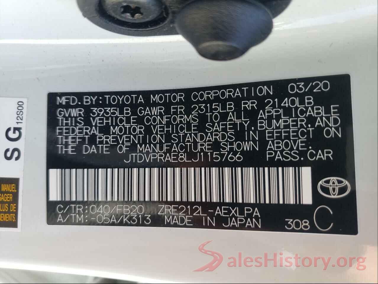 JTDVPRAE8LJ115766 2020 TOYOTA COROLLA