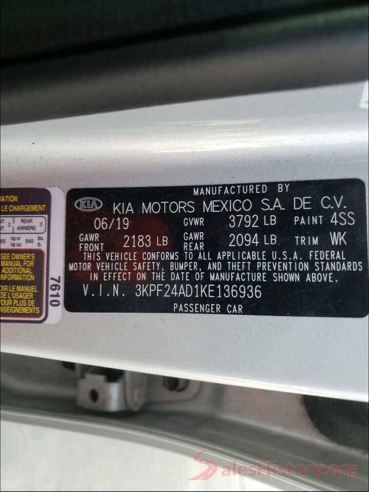 3KPF24AD1KE136936 2019 KIA FORTE