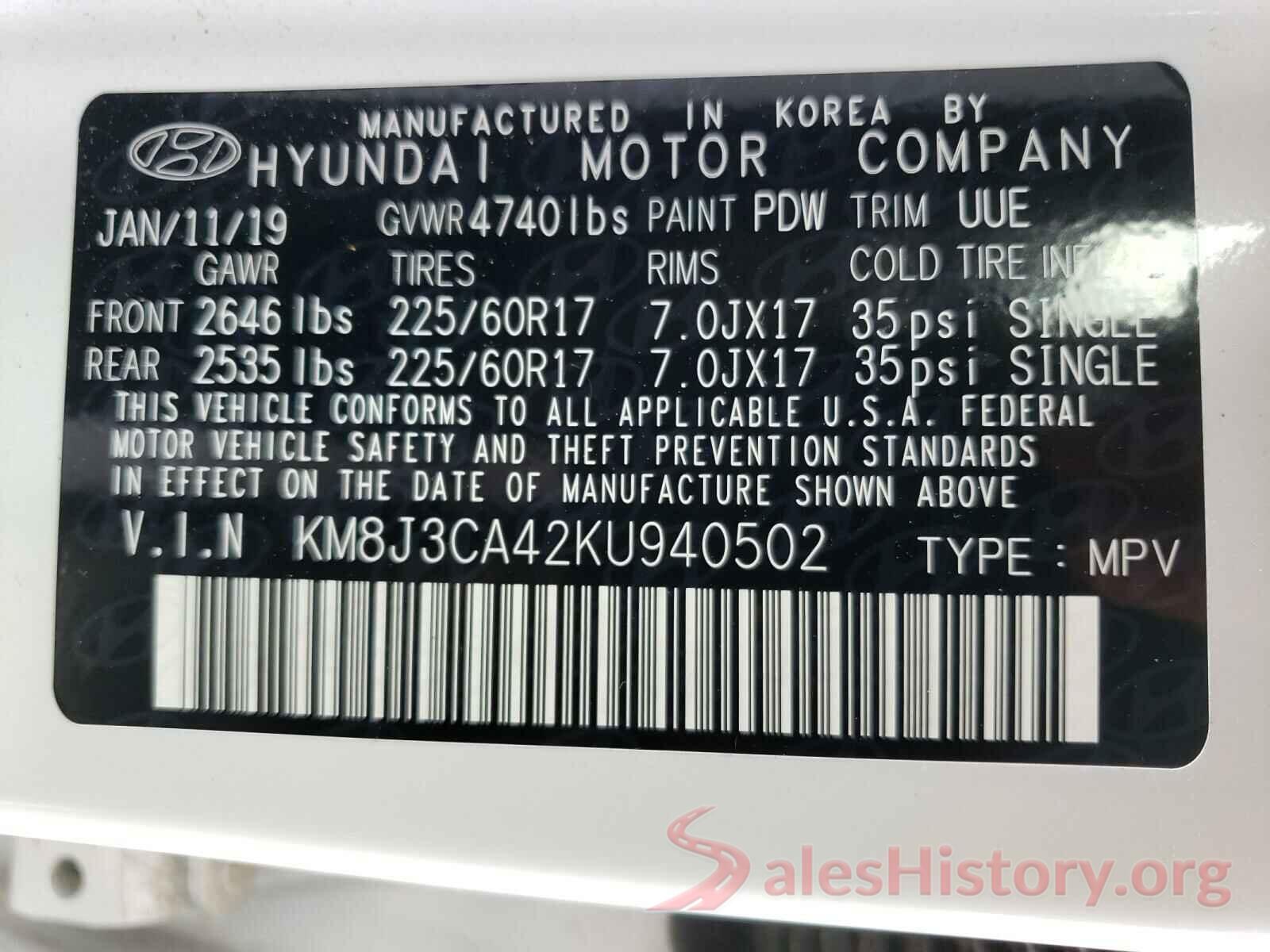 KM8J3CA42KU940502 2019 HYUNDAI TUCSON