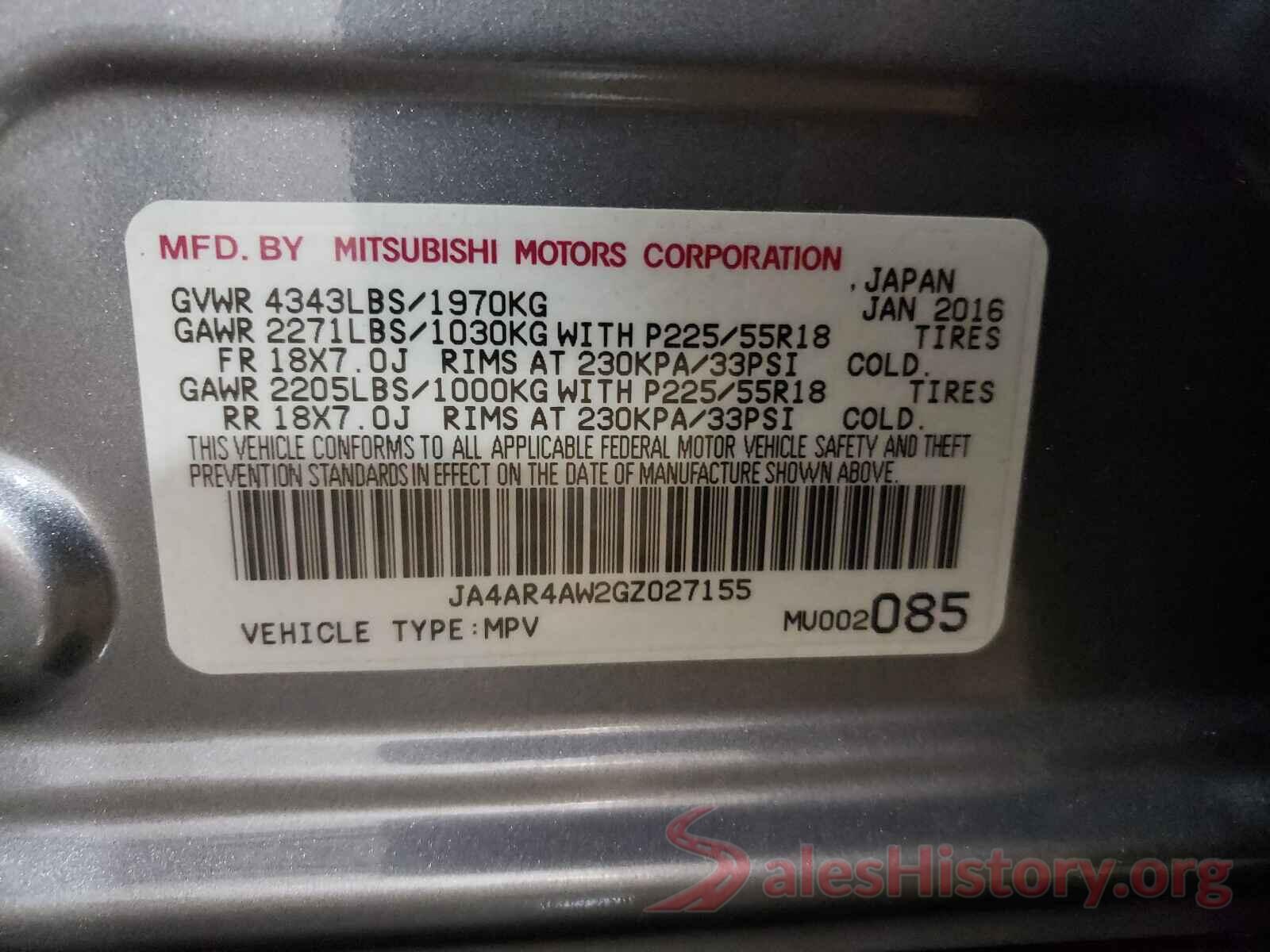 JA4AR4AW2GZ027155 2016 MITSUBISHI OUTLANDER