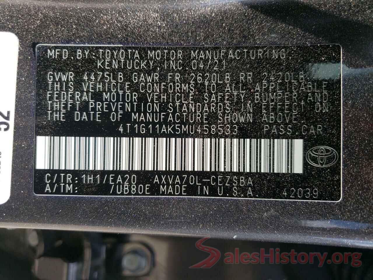 4T1G11AK5MU458533 2021 TOYOTA CAMRY