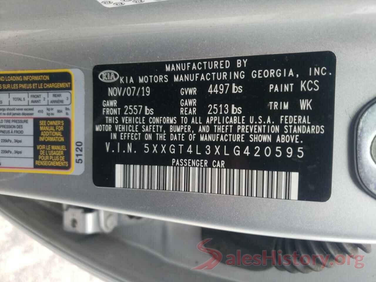 5XXGT4L3XLG420595 2020 KIA OPTIMA