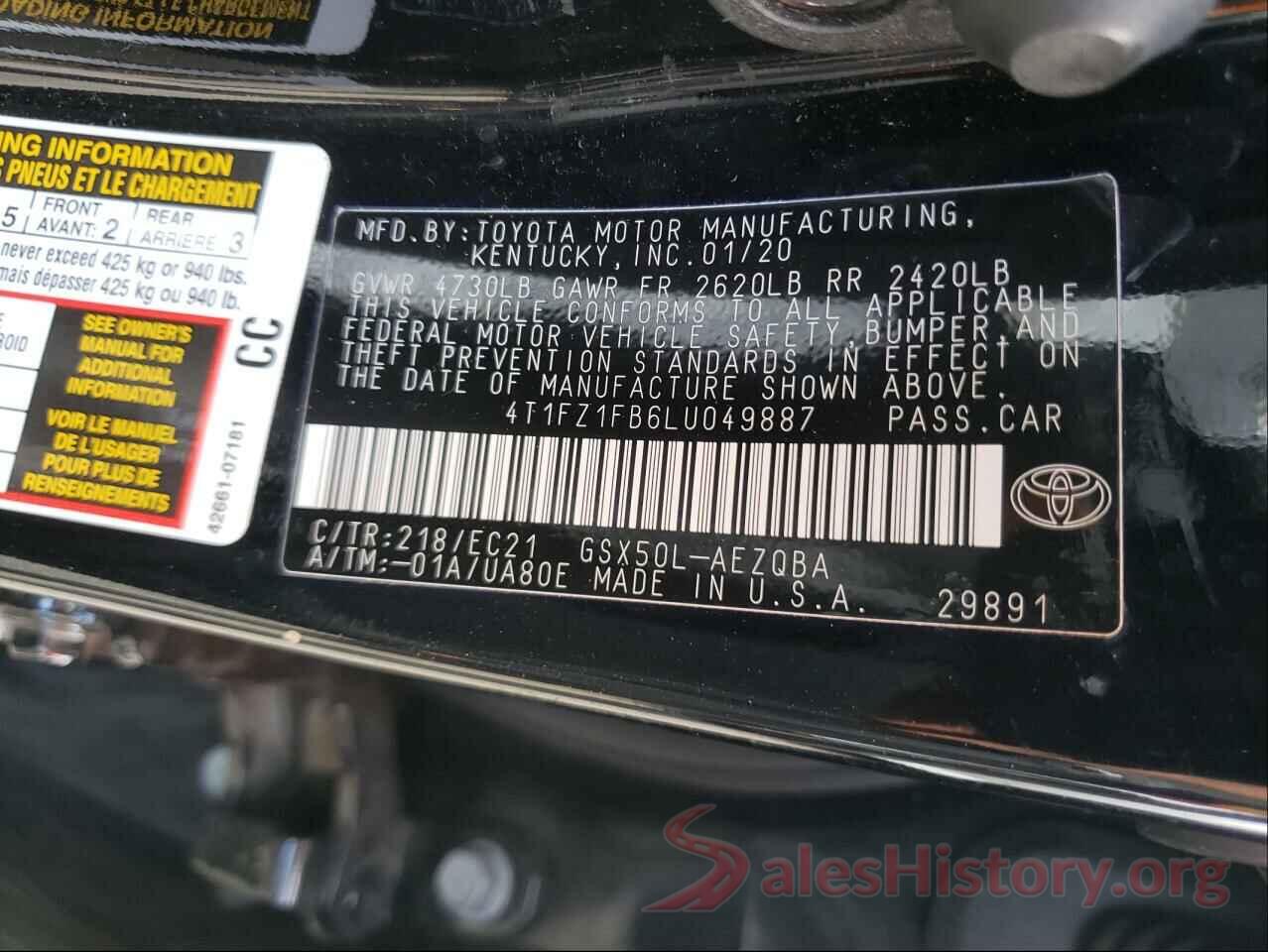 4T1FZ1FB6LU049887 2020 TOYOTA AVALON