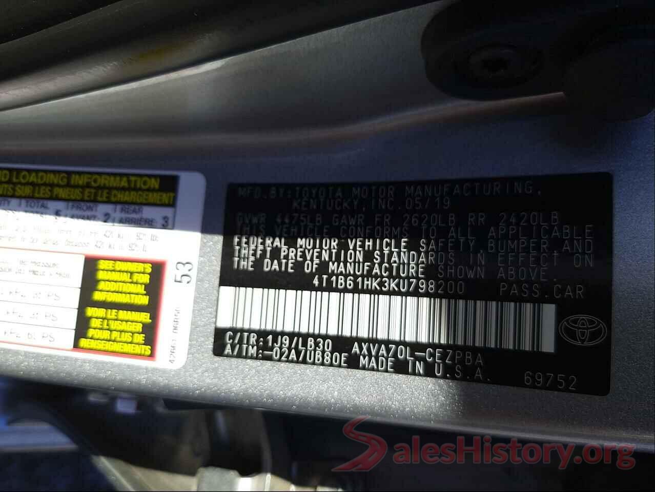 4T1B61HK3KU798200 2019 TOYOTA CAMRY