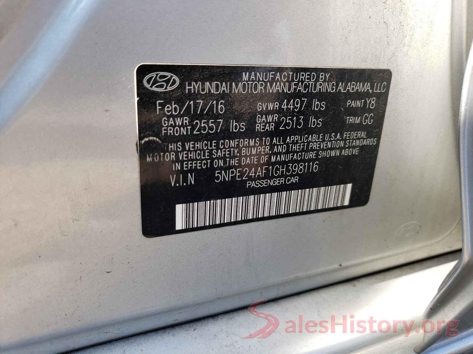 5NPE24AF1GH398116 2016 HYUNDAI SONATA