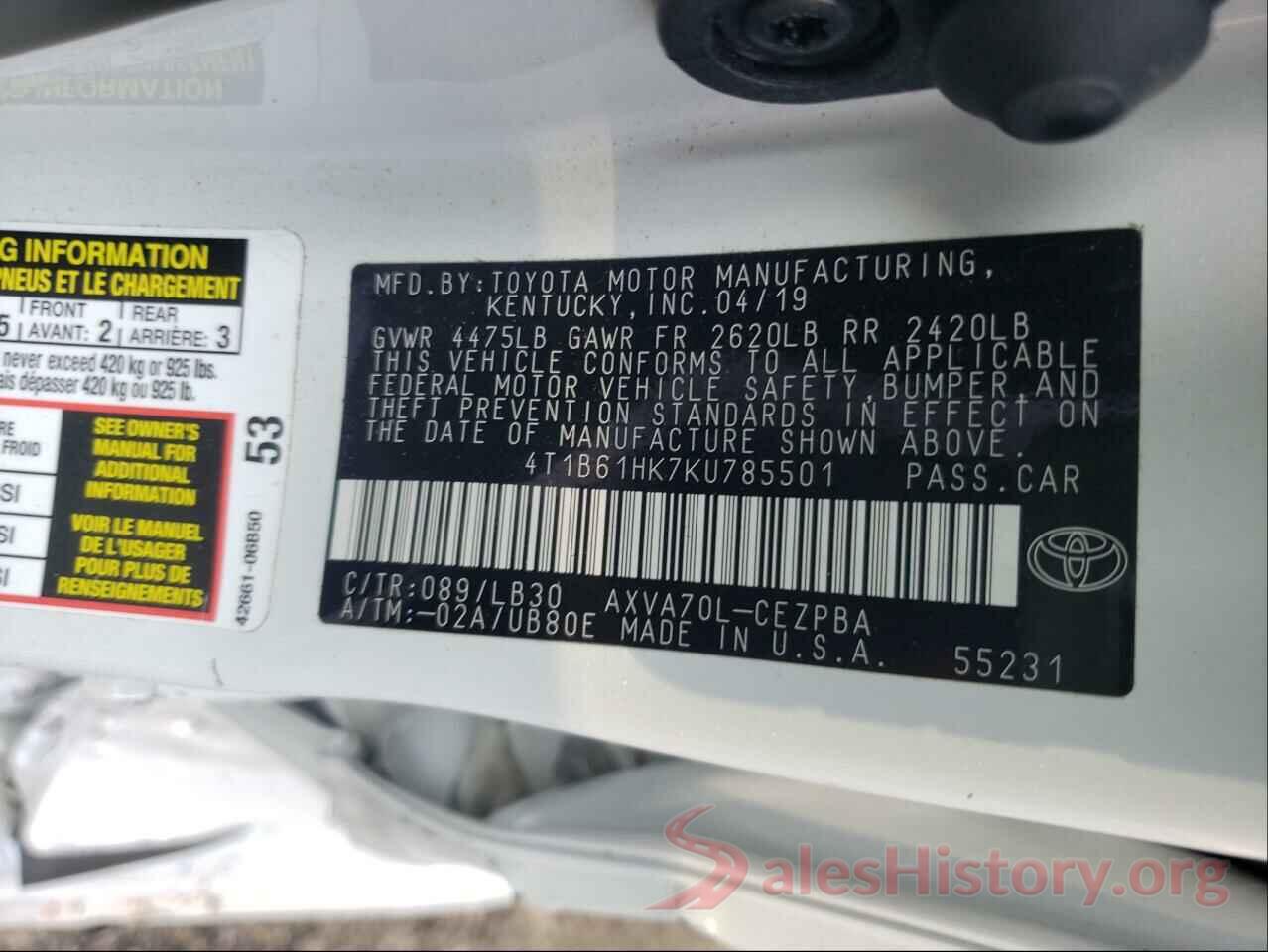 4T1B61HK7KU785501 2019 TOYOTA CAMRY