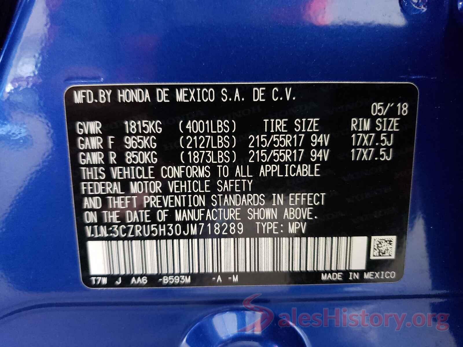 3CZRU5H30JM718289 2018 HONDA HR-V