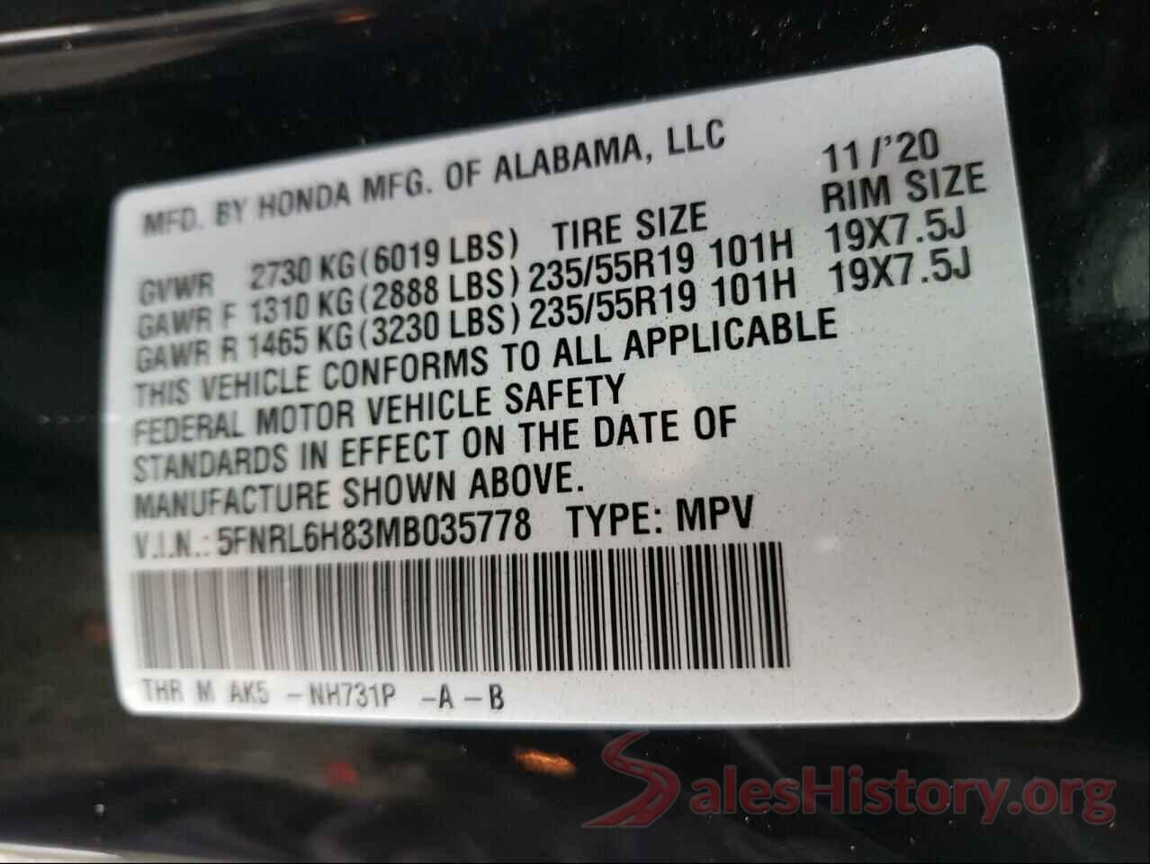 5FNRL6H83MB035778 2021 HONDA ODYSSEY