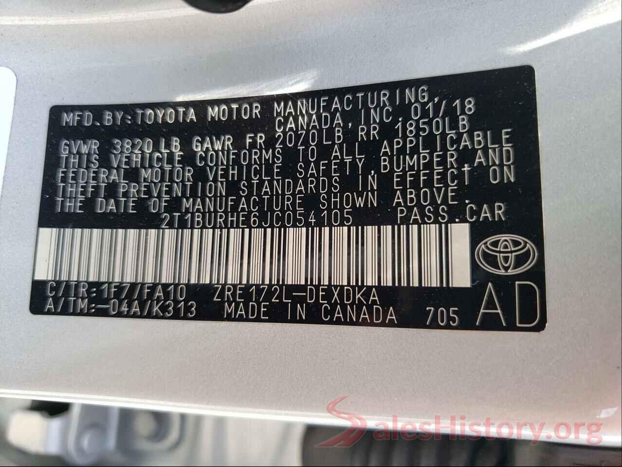 2T1BURHE6JC054105 2018 TOYOTA COROLLA