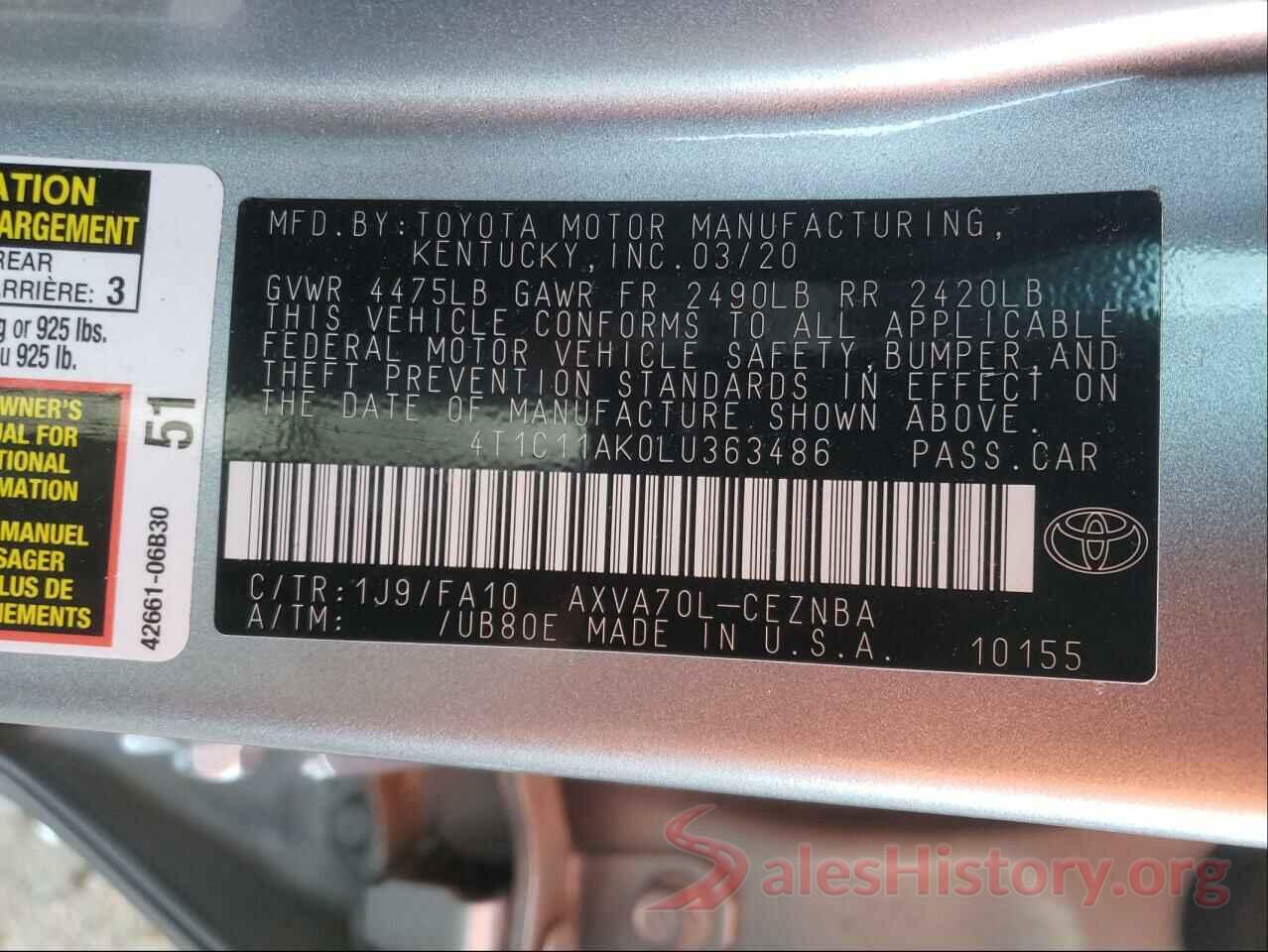 4T1C11AK0LU363486 2020 TOYOTA CAMRY