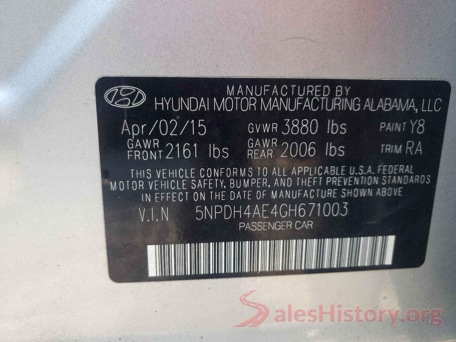 5NPDH4AE4GH671003 2016 HYUNDAI ELANTRA