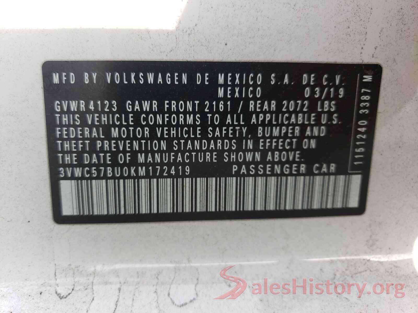 3VWC57BU0KM172419 2019 VOLKSWAGEN JETTA