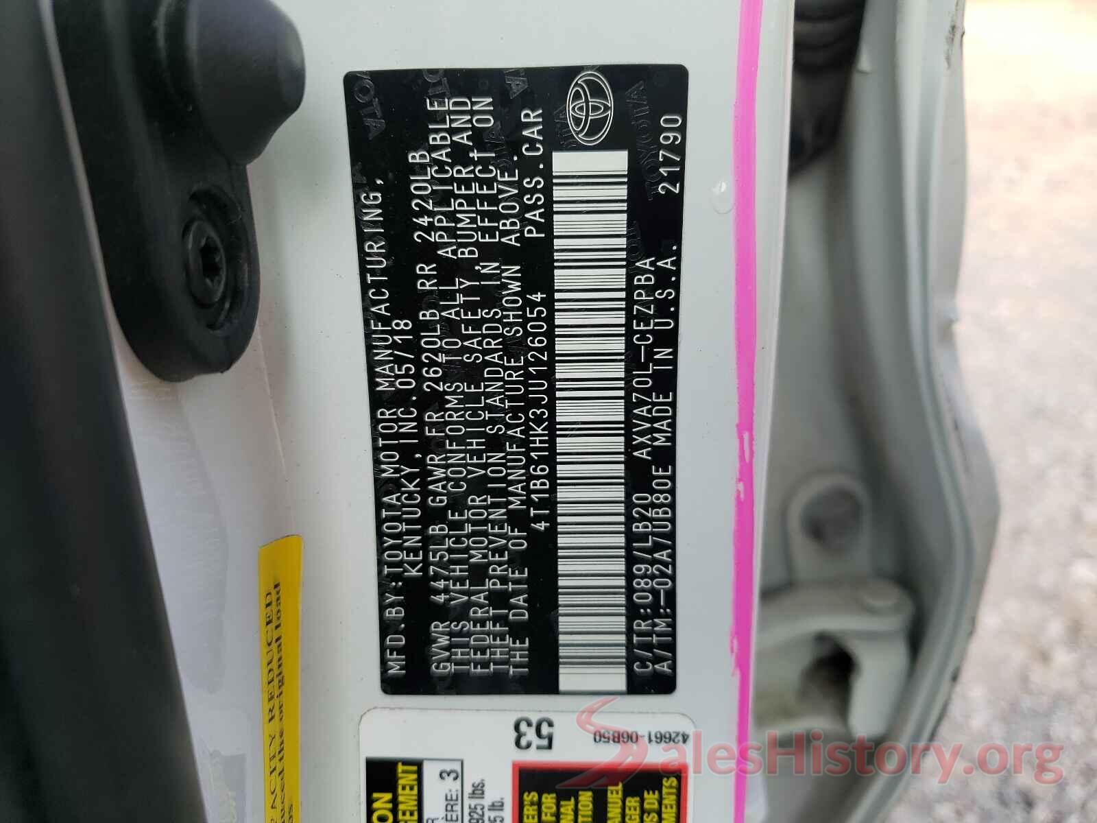 4T1B61HK3JU126054 2018 TOYOTA CAMRY