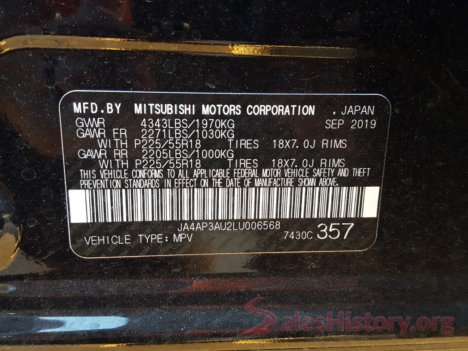 JA4AP3AU2LU006568 2020 MITSUBISHI OUTLANDER