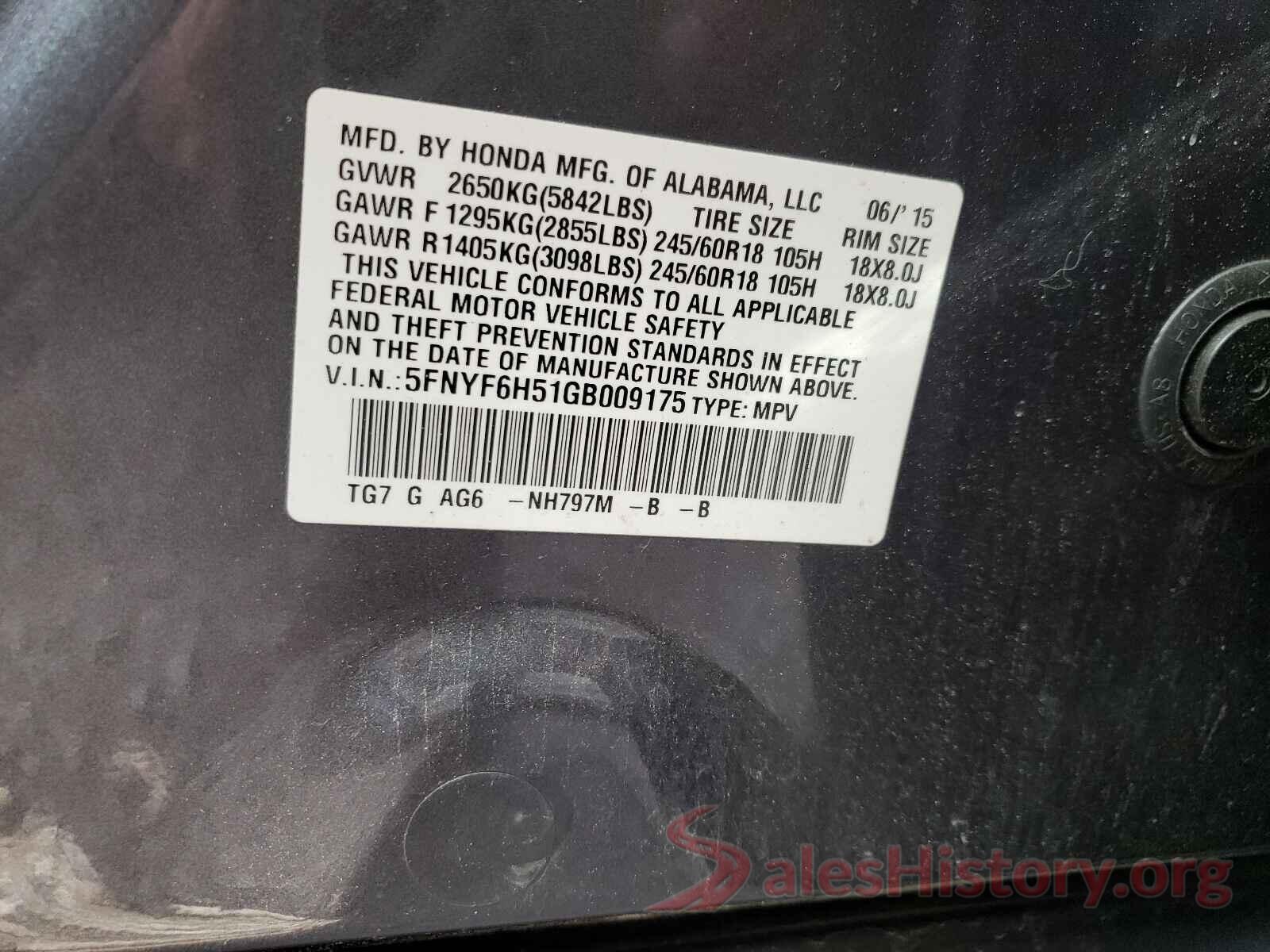 5FNYF6H51GB009175 2016 HONDA PILOT