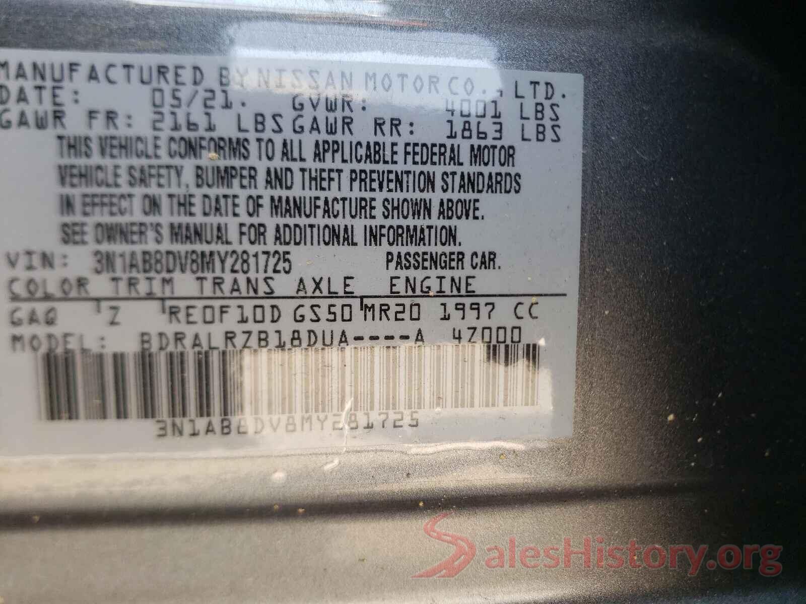 3N1AB8DV8MY281725 2021 NISSAN SENTRA