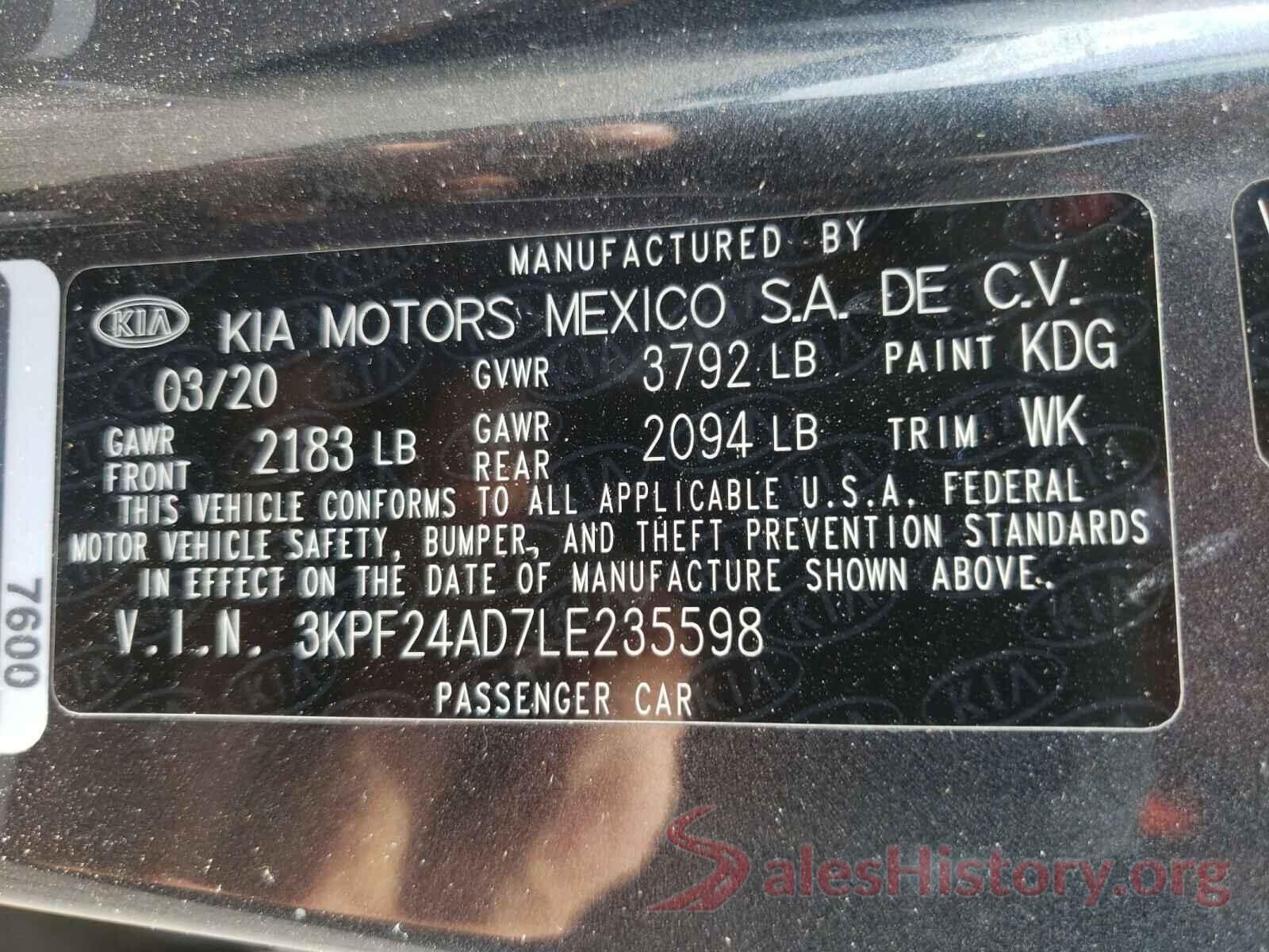 3KPF24AD7LE235598 2020 KIA FORTE