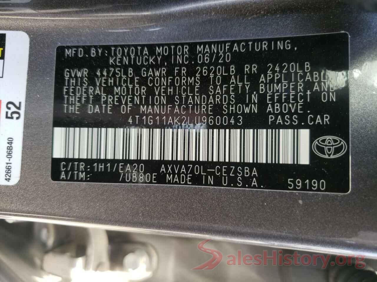 4T1G11AK2LU960043 2020 TOYOTA CAMRY