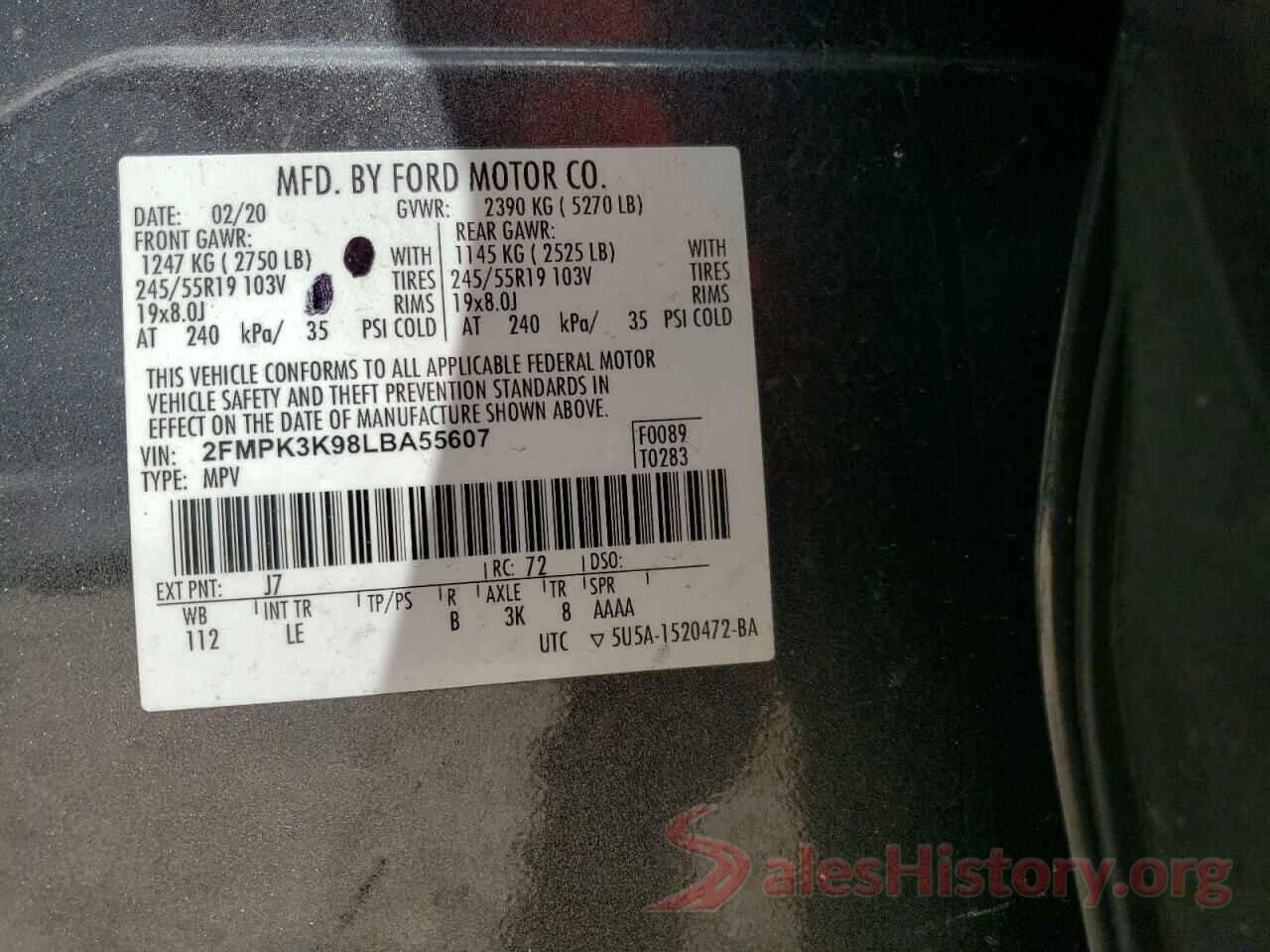 2FMPK3K98LBA55607 2020 FORD EDGE