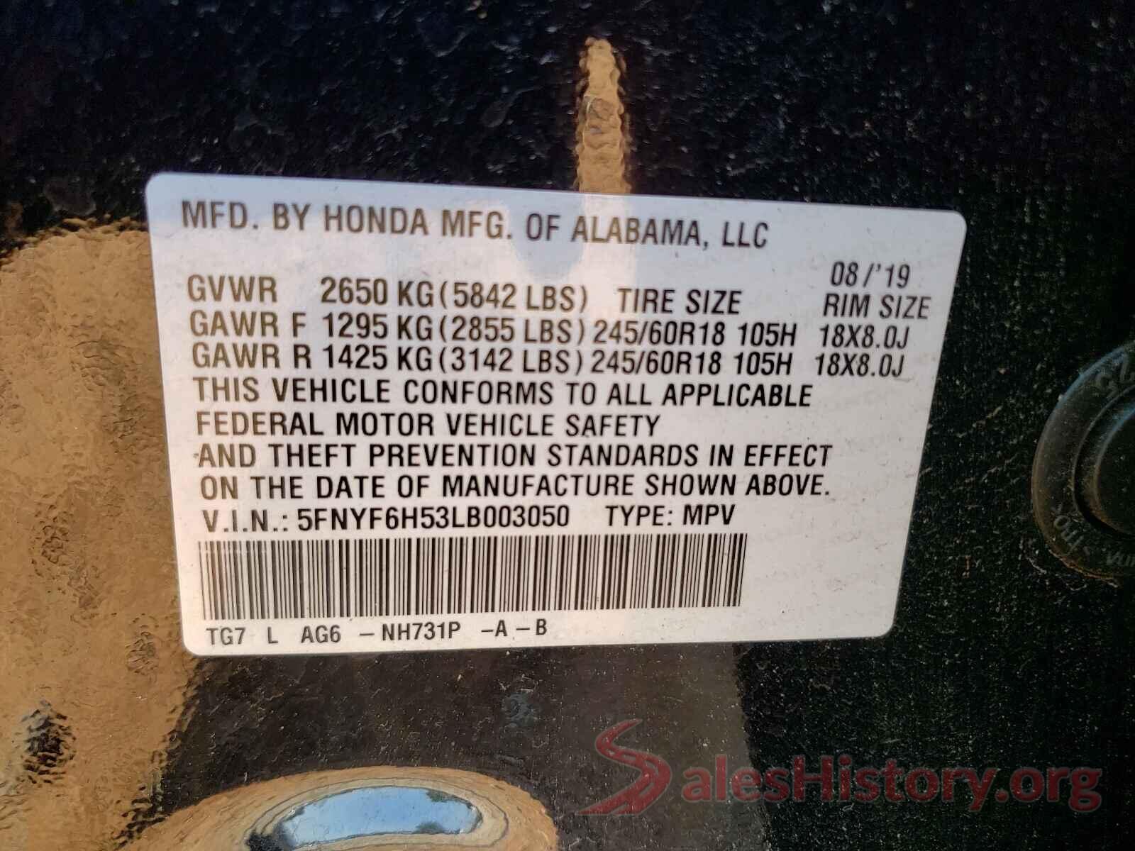 5FNYF6H53LB003050 2020 HONDA PILOT