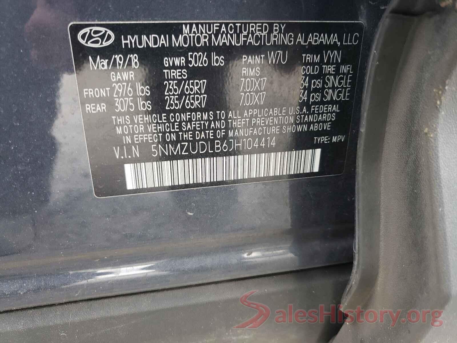 5NMZUDLB6JH104414 2018 HYUNDAI SANTA FE