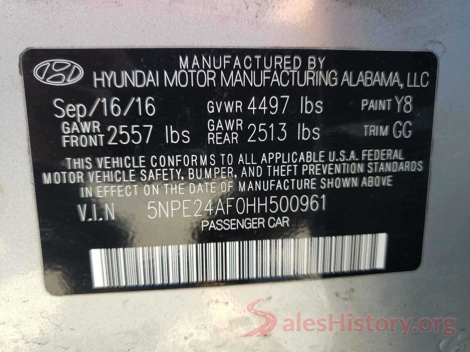 5NPE24AF0HH500961 2017 HYUNDAI SONATA