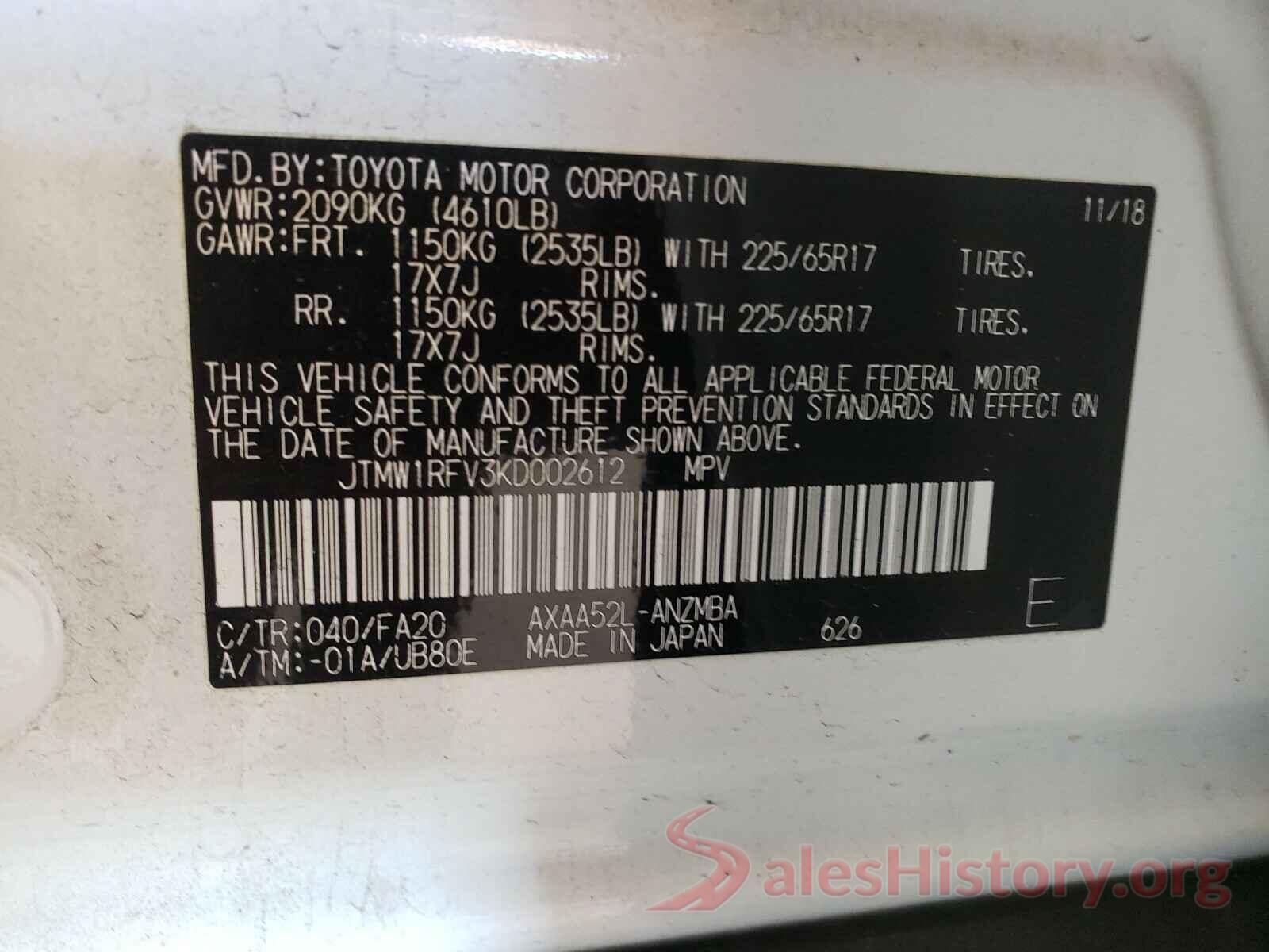 JTMW1RFV3KD002612 2019 TOYOTA RAV4