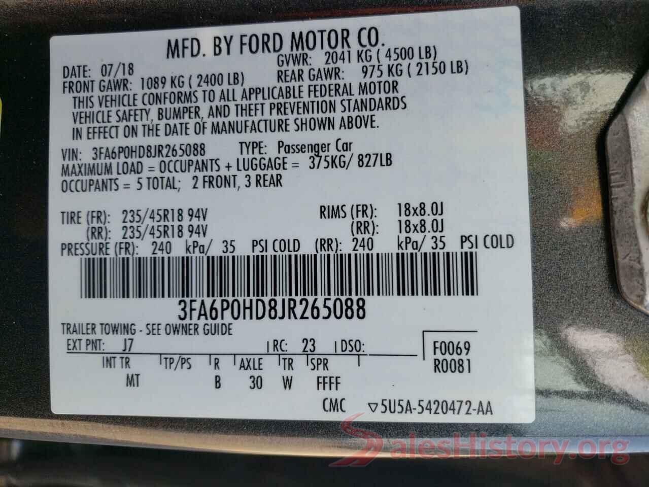 3FA6P0HD8JR265088 2018 FORD FUSION