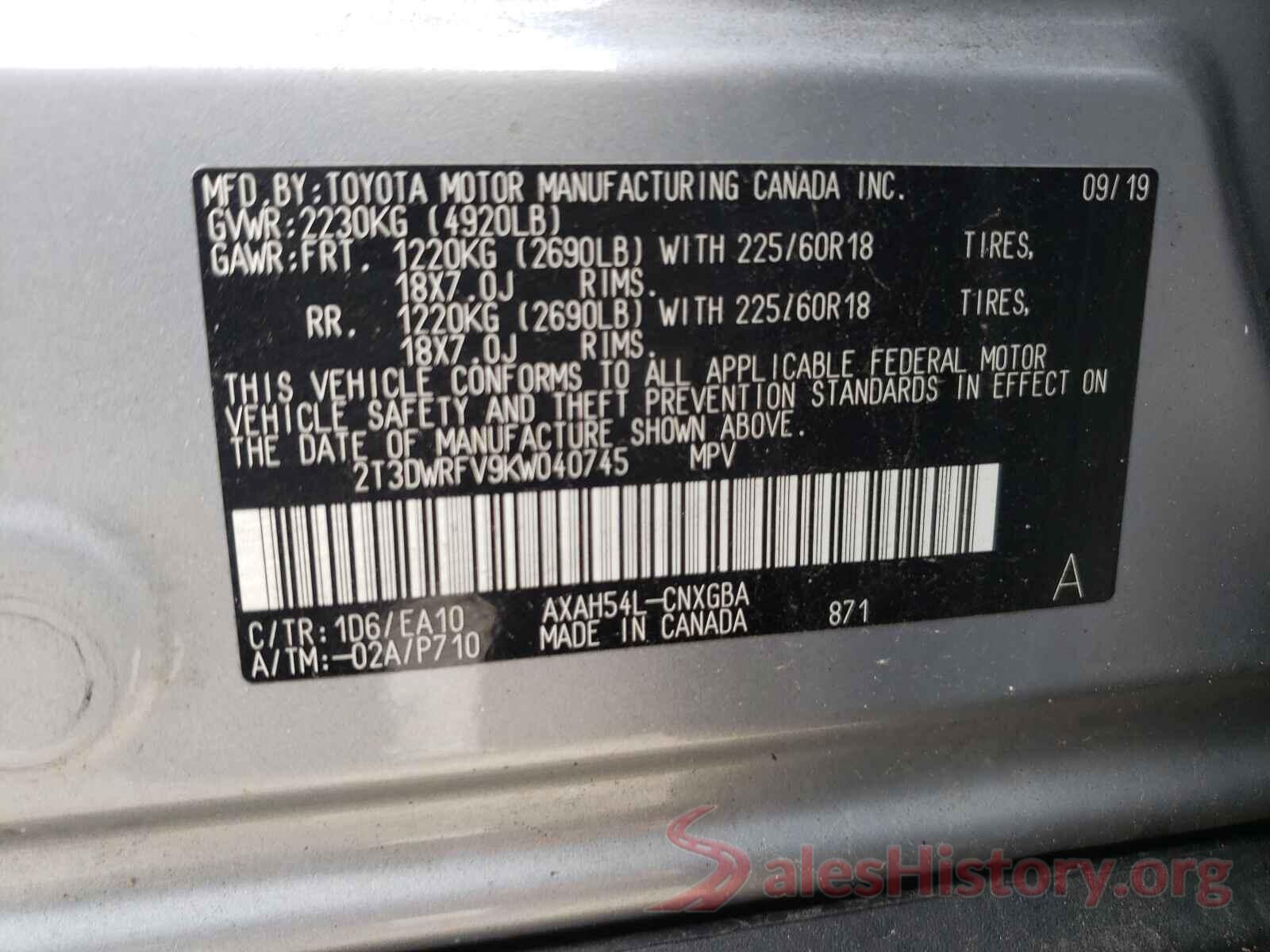 2T3DWRFV9KW040745 2019 TOYOTA RAV4